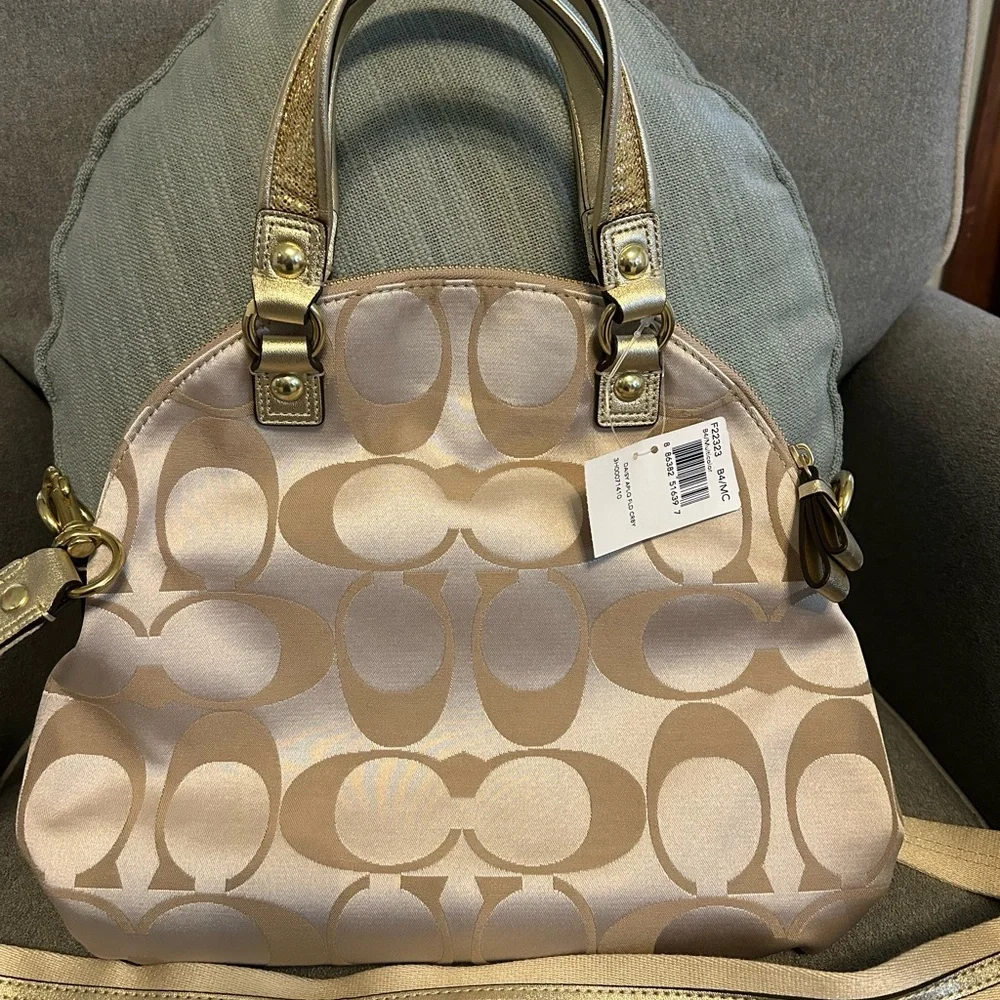 Coach Beige and Gold Satchel with Floral Accents